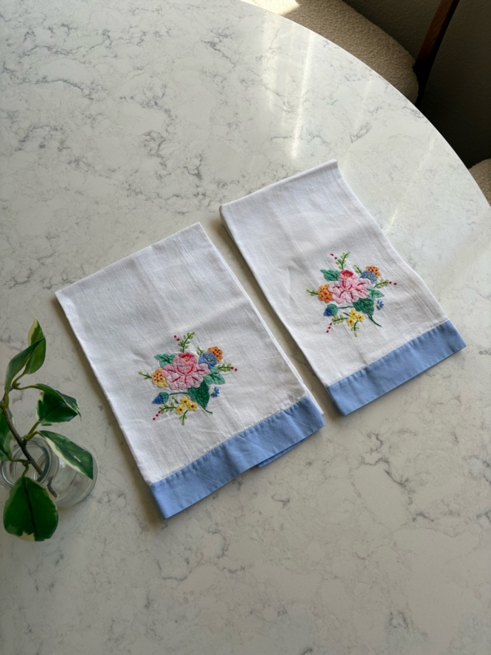 Vintage Embroidered Floral Kitchen Towels with Blue Trim - Set of 2